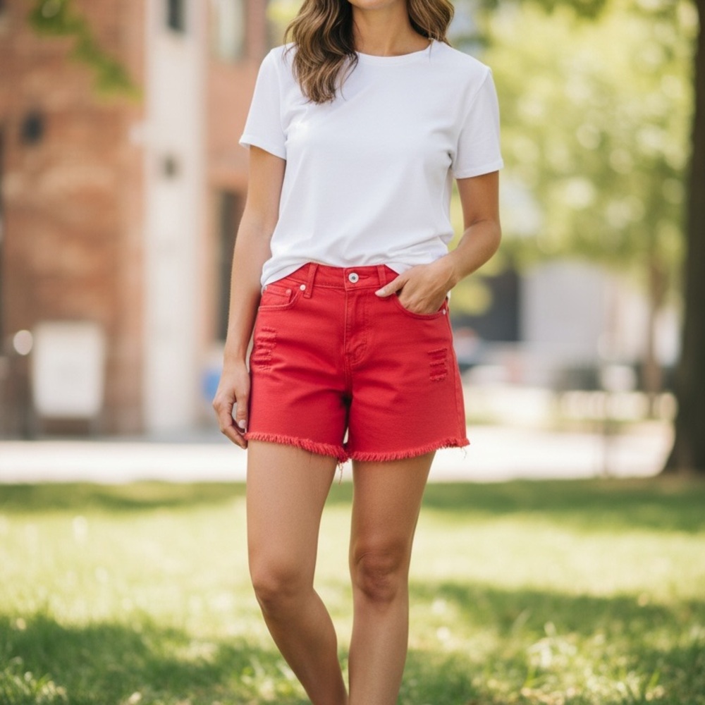 Red Frayed Hem Women's Denim Shorts - Classic Casual